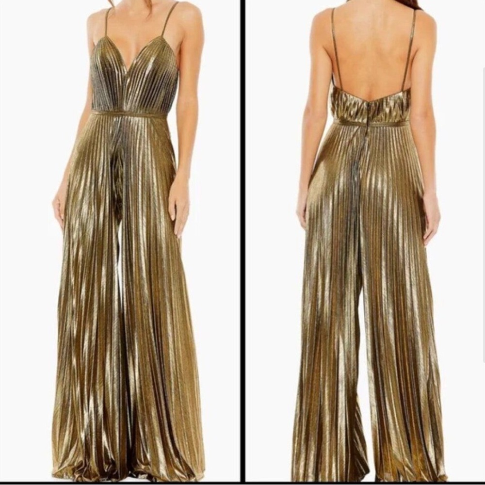 Mac Duggal 27143 Womens Size 8 Gold Metallic Pleated V-Neck Wide Leg Jumpsuit